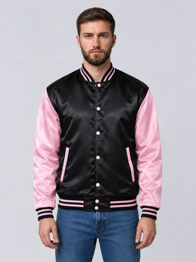 Custom black and baby pink satin varsity jacket, front view 2