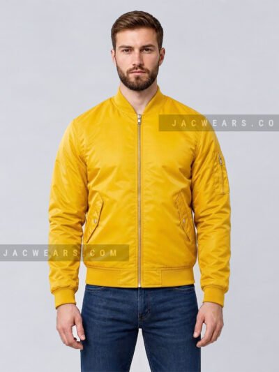 Custom yellow nylon bomber jacket with utility sleeve pocket, front detail view