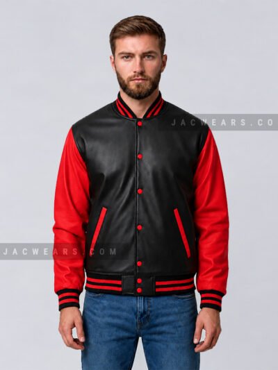 Custom black and red leather varsity jacket, front detail view