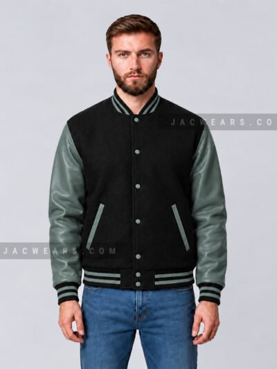 Custom black and grey wool varsity jacket, front detail view