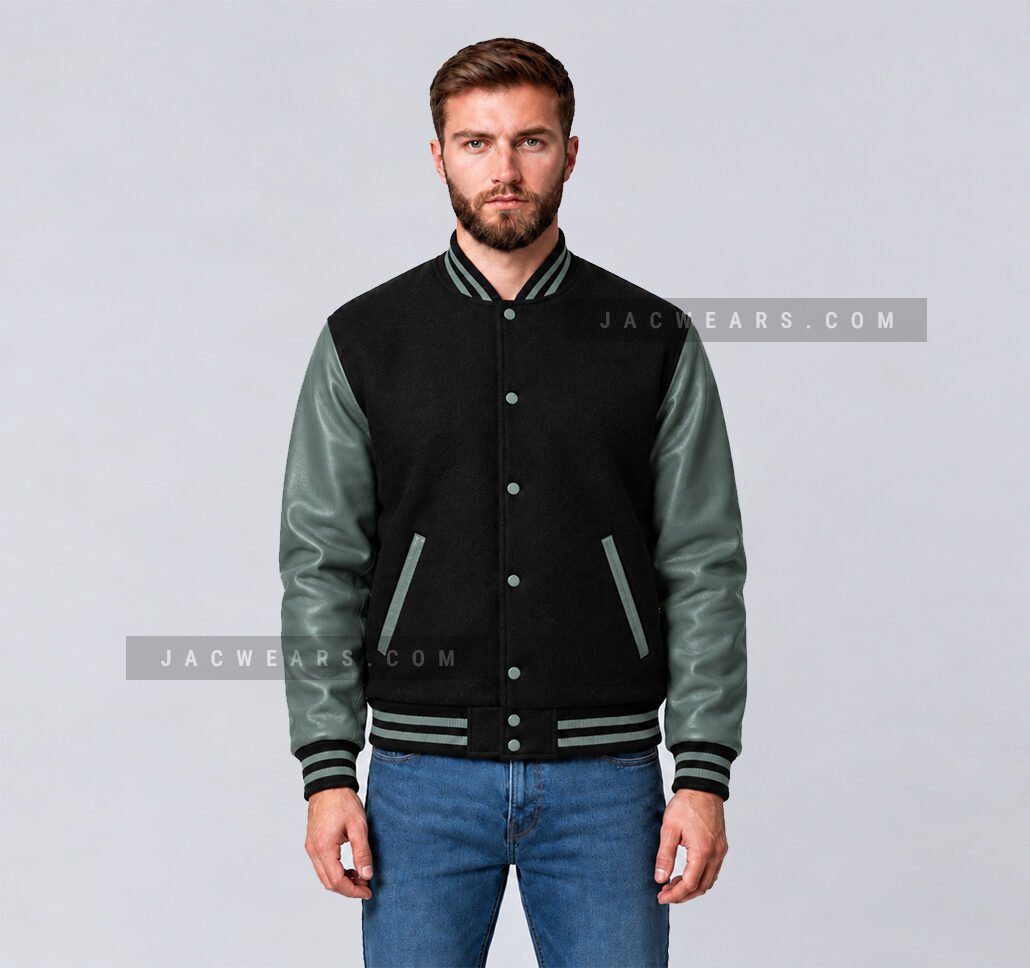 Custom black and grey wool varsity jacket, front detail view