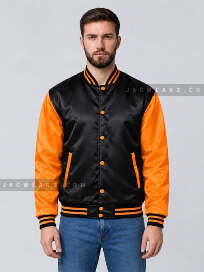 Custom black and orange satin varsity jacket, front detail view