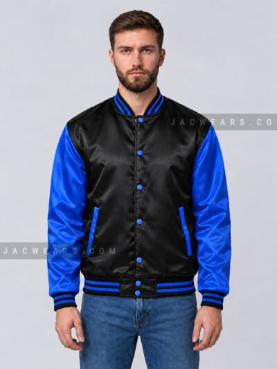 Custom black and royal blue satin bomber jacket, front detail view