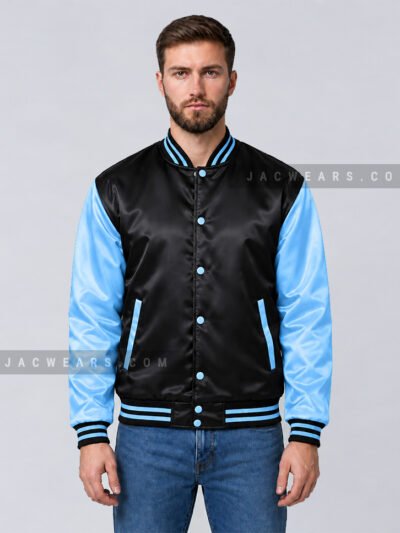 Custom black and sky blue satin varsity jacket, front detail view
