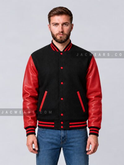 Custom black and red wool and cowhide leather varsity jacket, front detail view