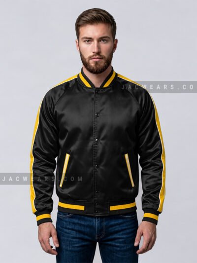 Custom black satin varsity jacket with yellow side stripes, front detail view