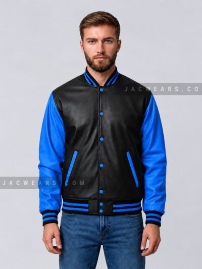 Custom black and royal blue leather varsity jacket, front detail view