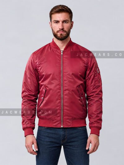 Custom maroon nylon bomber jacket with utility sleeve pocket, front detail view