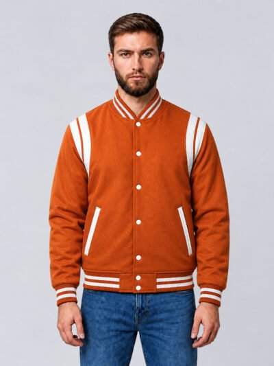 Custom orange wool letterman jacket with white shoulder inserts, front detail view