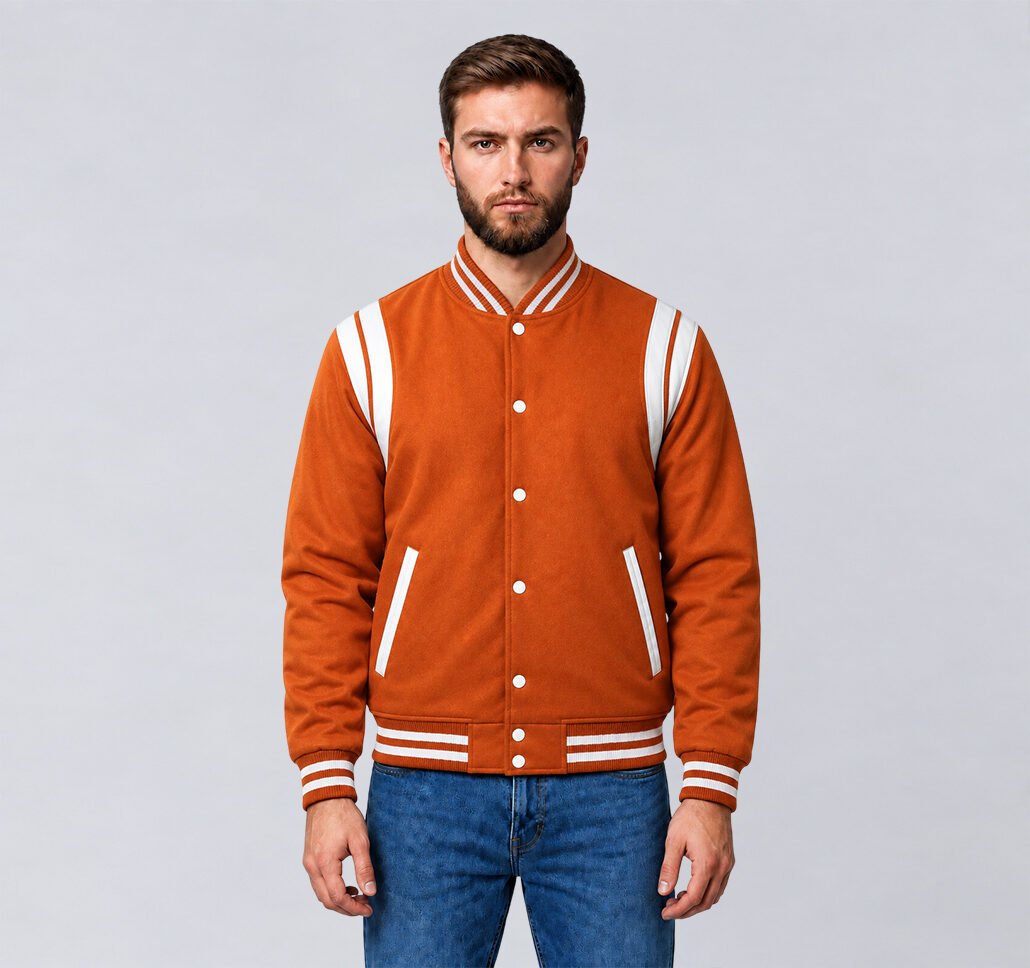 Custom orange wool letterman jacket with white shoulder inserts, front detail view