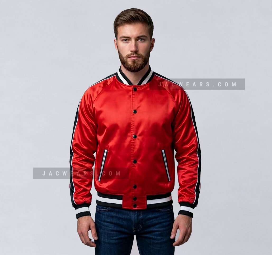 Custom red satin varsity jacket with black side stripes, front detail view