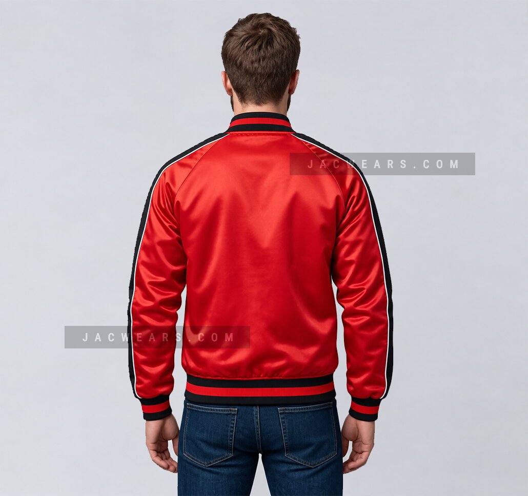 Custom red satin varsity jacket with black side stripes, back view