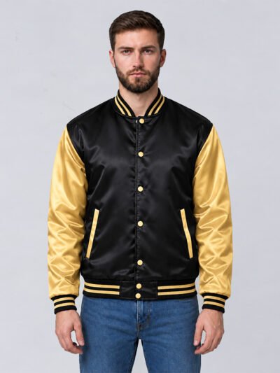 Custom black and gold satin varsity jacket, front view