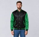 Custom black and green satin varsity jacket, front view
