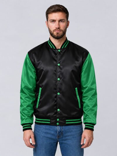 Custom black and green satin varsity jacket, front view