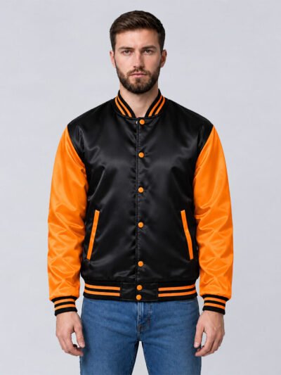 Custom black and orange satin varsity jacket, front view