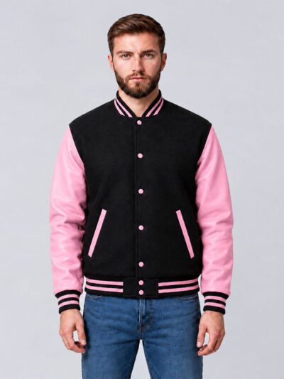 Custom black and pink wool and cowhide leather varsity jacket, front view 2