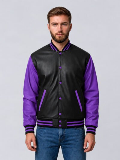 Custom black and purple leather varsity jacket, front view