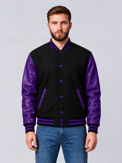 Custom black and purple wool and cowhide leather varsity jacket, front view