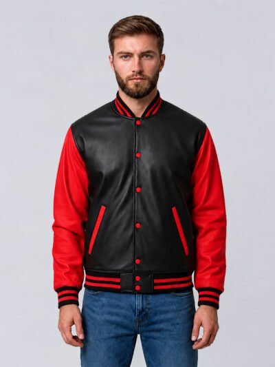 Custom black and red leather varsity jacket, front view