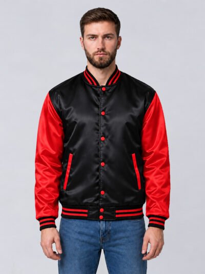 Custom black and red satin varsity jacket, front view