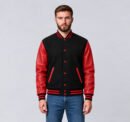 Custom black and red wool and cowhide leather varsity jacket, front view