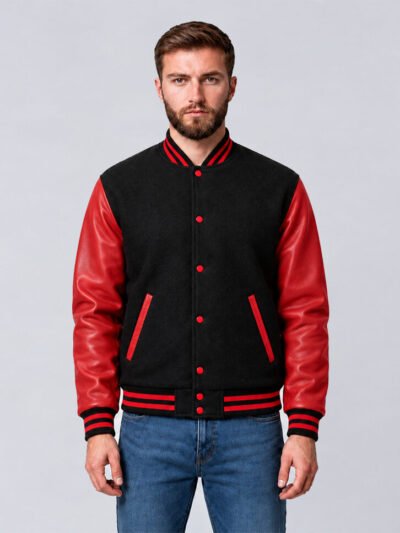 Custom black and red wool and cowhide leather varsity jacket, front view