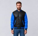 Custom black and royal blue leather varsity jacket, front view