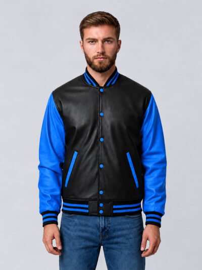 Custom black and royal blue leather varsity jacket, front view
