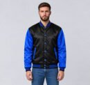 Custom black and royal blue satin bomber jacket, front view