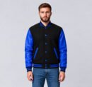 Custom black and royal blue wool and cowhide leather varsity jacket, front view