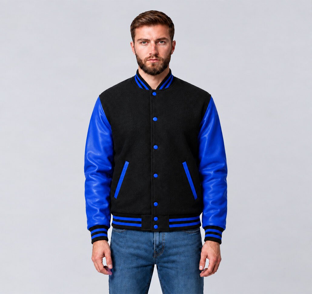 Black and royal blue varsity jacket with wool body and leather sleeves