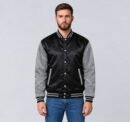Custom black and silver grey satin varsity jacket, front view