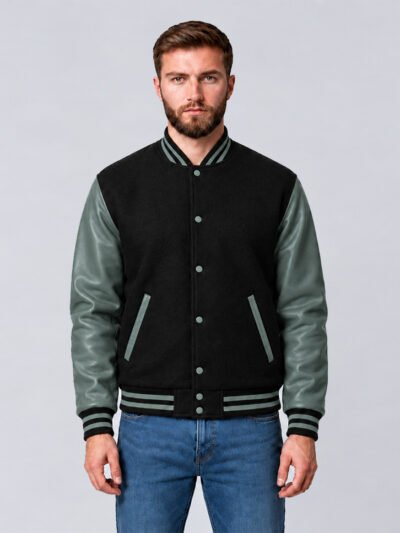 Custom black and grey wool varsity jacket, front view