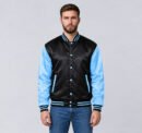 Custom black and sky blue satin varsity jacket, front view