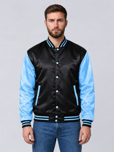 Custom black and sky blue satin varsity jacket, front view