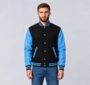 Custom black and sky blue wool and cowhide leather varsity jacket, front view