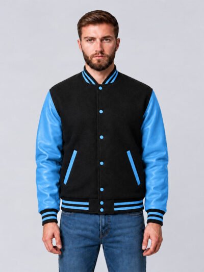 Custom black and sky blue wool and cowhide leather varsity jacket, front view
