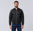 Custom black nylon bomber jacket with orange lining, front view