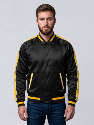 Custom black satin varsity jacket with yellow side stripes, front view