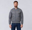 Custom grey nylon bomber jacket with utility sleeve pocket, front view