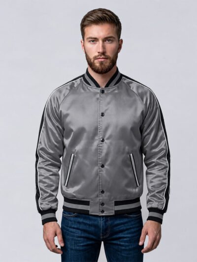 Custom grey satin varsity jacket with black side stripes, front view