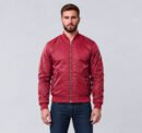 Custom maroon nylon bomber jacket with utility sleeve pocket, front view