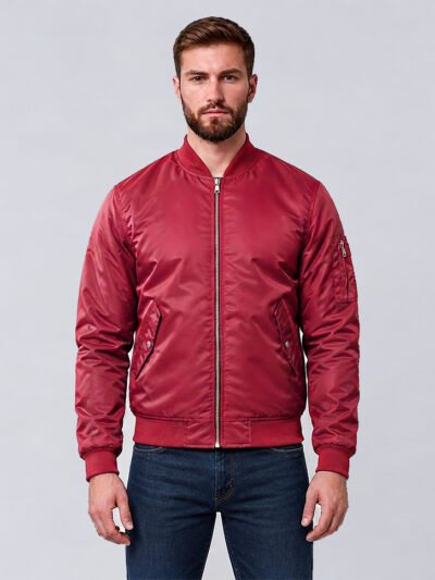 Custom maroon nylon bomber jacket with utility sleeve pocket, front view