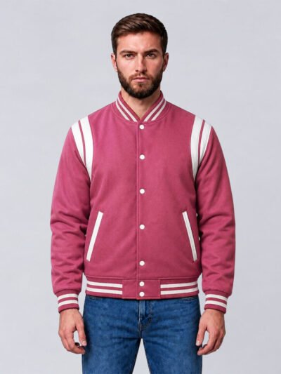 Custom pink wool letterman jacket with white shoulder inserts, front view