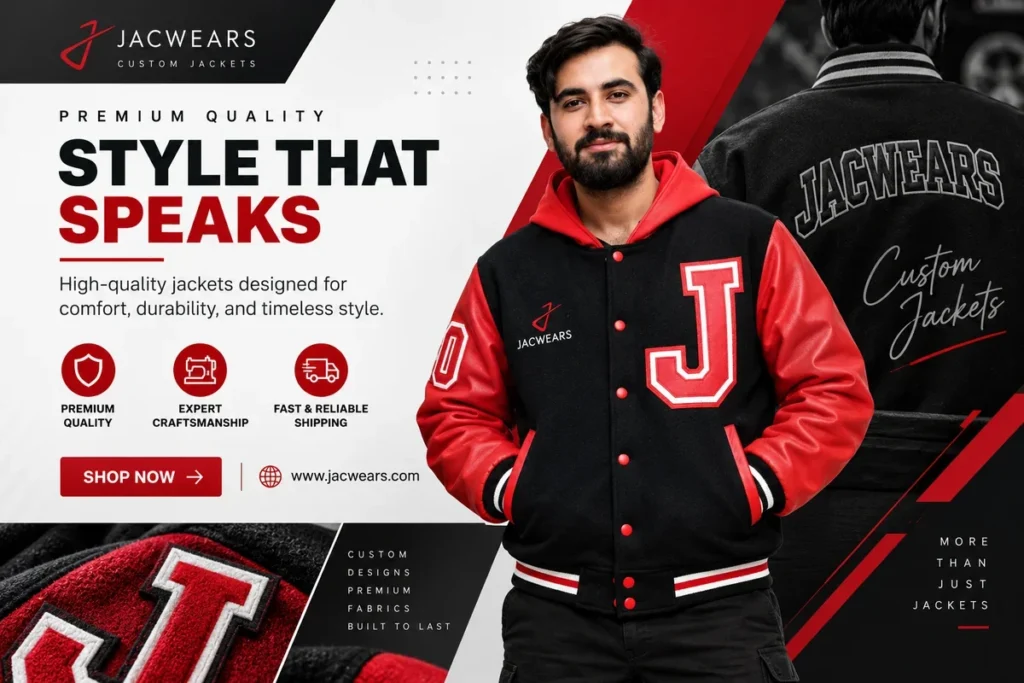 Premium custom varsity jackets by JACWEARS: black wool letterman jacket with red leather sleeves and chenille J patch