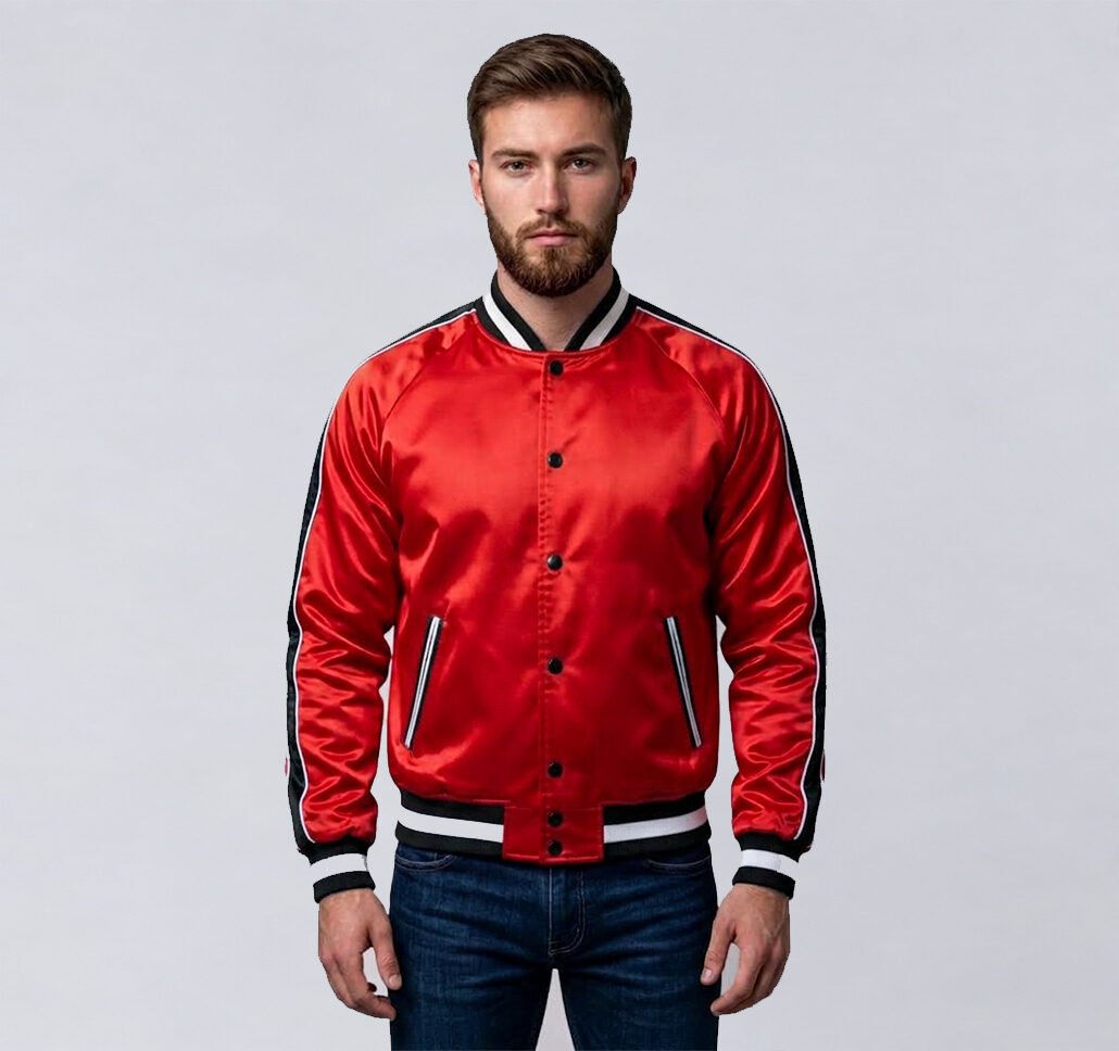 Custom red satin varsity jacket with black side stripes, front view