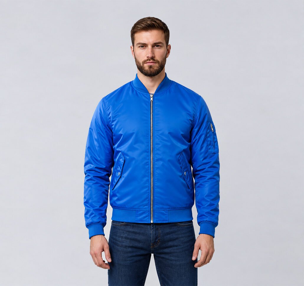 Custom royal blue nylon bomber jacket with utility sleeve pocket, front view