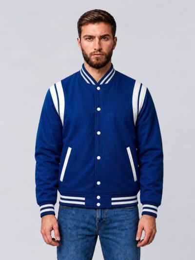 Custom royal blue wool letterman jacket with white shoulder inserts, front view
