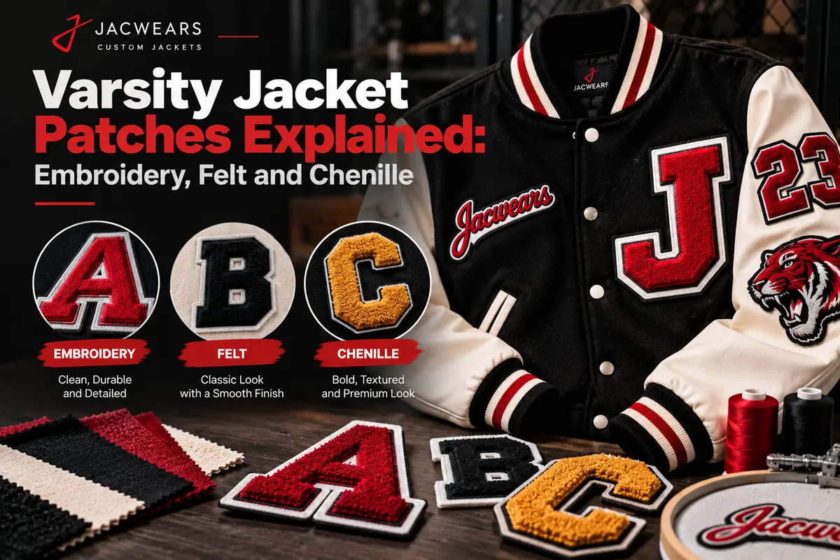 Black and cream varsity jacket with red chenille J, number 23 and tiger patches, beside embroidery, felt and chenille letter patch samples